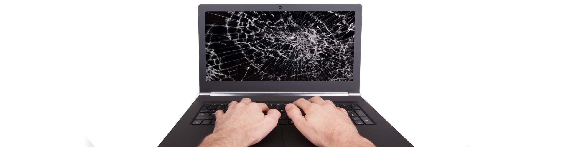 man using laptop with broken screen